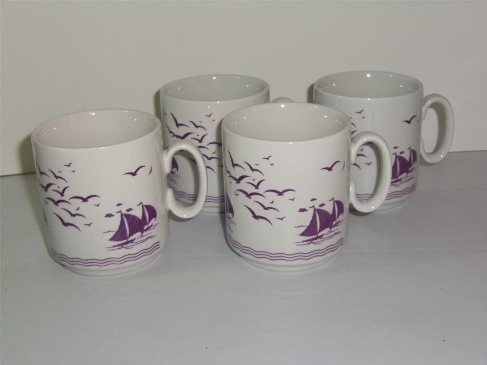 4 Cups Mugs Made In Western Germany Sailboats Boats Seagulls - 021303